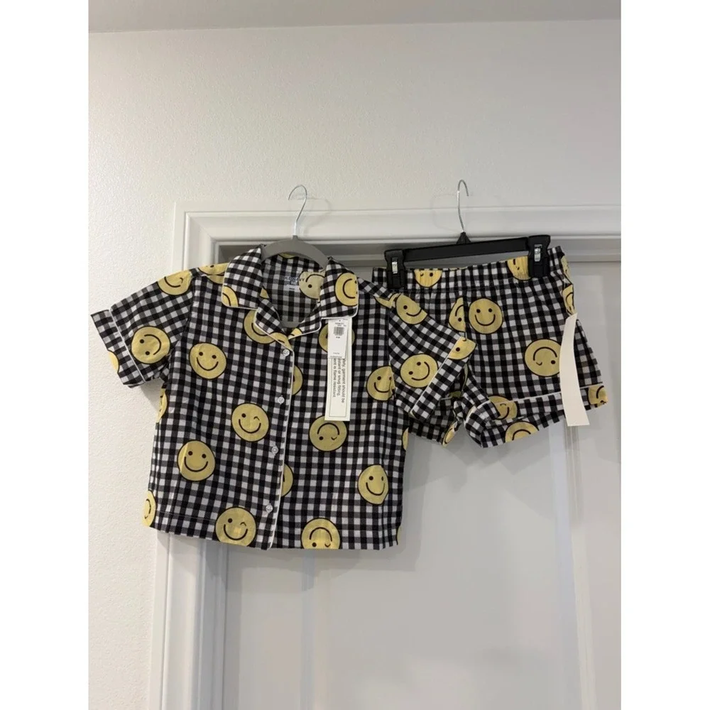 Old Navy Girls Pajama Set Size 8 M Black White Checkered Smiley Face 2pc NWT